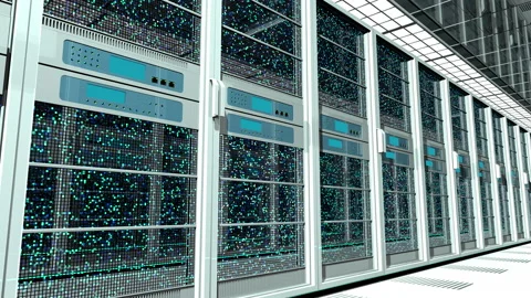 Endless tour of a white server processing data with blue lights behind reflectiv Stock Footage 231311458