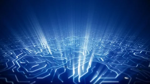 Endless Travel Over Deep Blue Circuitboard Light Ray Burst Background Loop Stock Footage 114732320