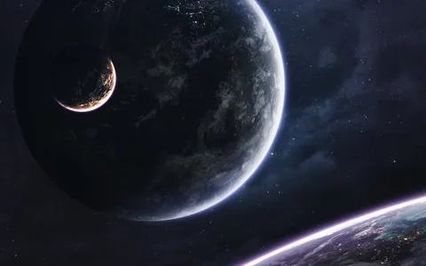 Endless universe, science fiction image, dark deep space with giant planets, hot Stock Photos