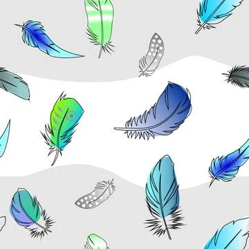 Endless vector feather pattern on white and blue background, seamless pattern Stock Illustration