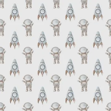 Endless watercolor pattern featuring baby astronauts and rockets in a playf.. Stock Illustration