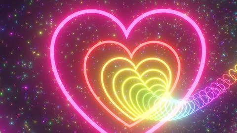 Endless Wavy Rainbow Heart Shape Neon Glow Tunnel With Sparkle Stars Stock Photos