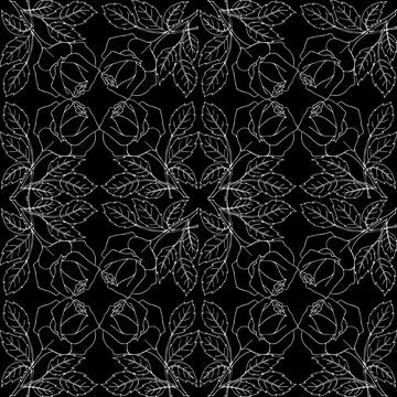 Endless white floral pattern on black background Stock Illustration