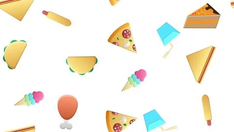 Endless white seamless pattern of delicious food and snack items icons set fo Stock Illustration