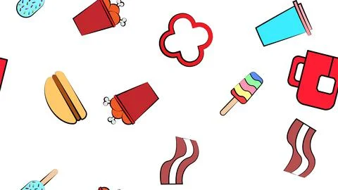 Endless white seamless pattern of delicious food and snack items icons set fo Stock Illustration