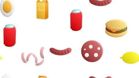 Endless white seamless pattern of delicious food and snack items icons set fo 스톡 일러스트