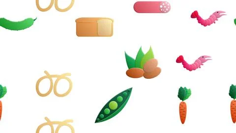 Endless white seamless pattern of delicious food and snack items icons set fo Illustrazione stock