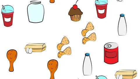 Endless white seamless pattern of delicious food and snack items icons set fo Stock Illustration