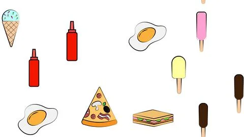 Endless white seamless pattern of delicious food and snack items icons set fo Stock Illustration