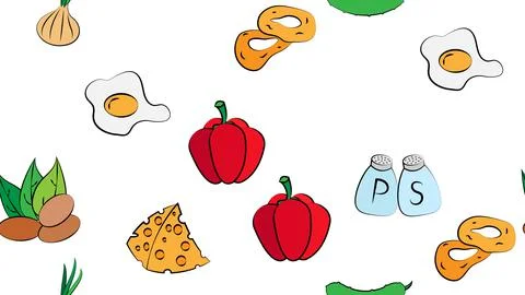 Endless white seamless pattern of delicious food and snack items icons set fo Stock Illustration