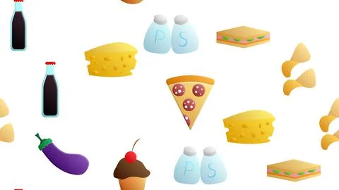 Endless white seamless pattern of delicious food and snack items icons set fo Stock Illustration