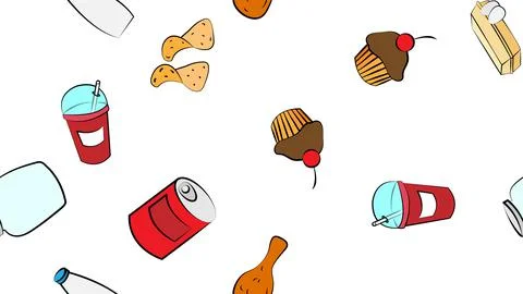 Endless white seamless pattern of delicious food and snack items icons set fo Stock Illustration