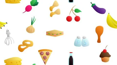 Endless white seamless pattern of delicious food and snack items icons set fo Stock Illustration