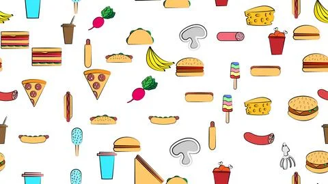 Endless white seamless pattern of delicious food and snack items icons set fo Stock Illustration