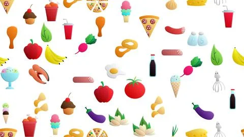 Endless white seamless pattern of delicious food and snack items icons set fo Stock Illustration