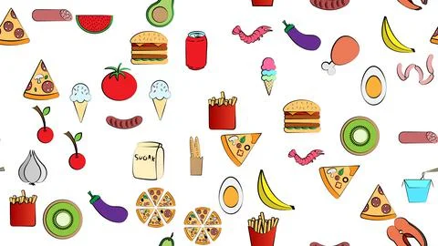Endless white seamless pattern of delicious food and snack items icons set fo Stock Illustration