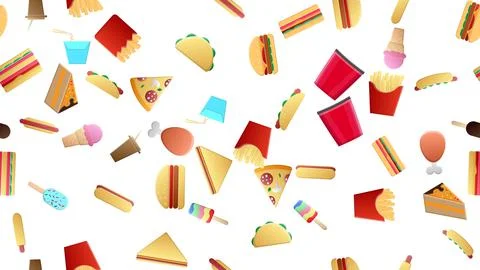 Endless white seamless pattern of delicious food and snack items icons set fo Stock Illustration
