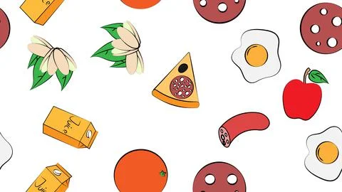Endless white seamless pattern from a set of icons of delicious food and snac 스톡 일러스트