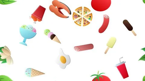 Endless white seamless pattern from a set of icons of delicious food and snac Stock Illustration