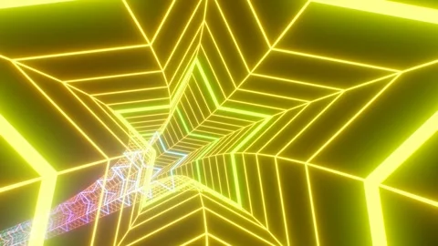 Endless Wireframe Star Shaped Neon Glowing Rainbow 3D Tunnel Spectrum Video stock 286018682
