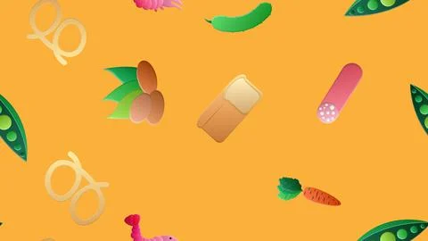 Endless yellow seamless pattern of delicious food and snack items icons set f Stock Illustration