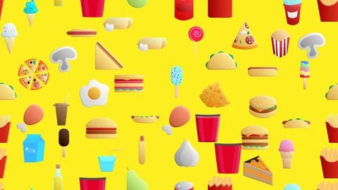 Endless yellow seamless pattern of delicious food and snack items icons set f Stock Illustration