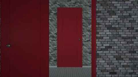 Endlessly opening red doors. Never ending opening of red doors. 3d rendering Illustration
