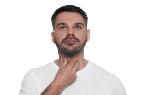 Endocrine system. Man doing thyroid self examination on white background Stock Photos