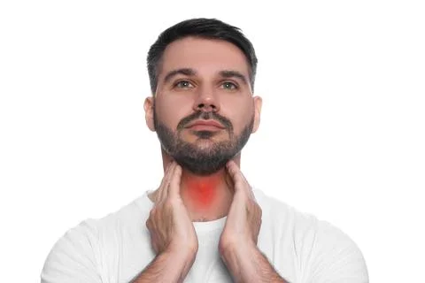 Endocrine system. Man doing thyroid self examination on white background Stock Photos