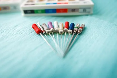 Endodontic instruments on the napkin. Top view with copy space for text Stock Photos