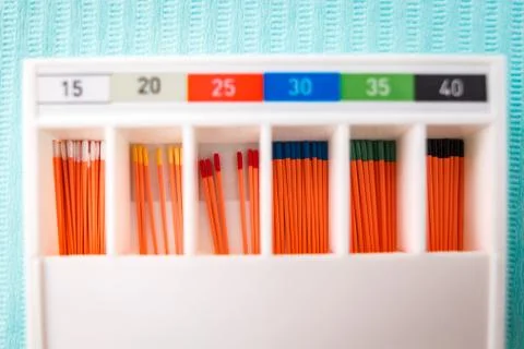 Endodontic instruments on the napkin. Top view with copy space for text Stock Photos
