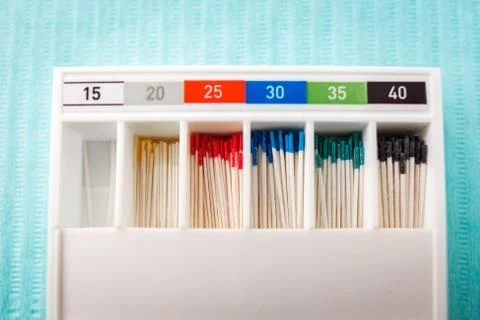 Endodontic instruments on the napkin. Top view with copy space for text Stock Photos