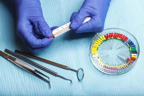 Endodontic instruments on the napkin. Top view. Stock Photos