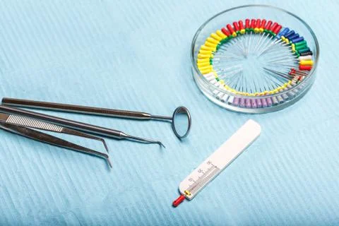 Endodontic instruments on the napkin. Top view. Stock Photos