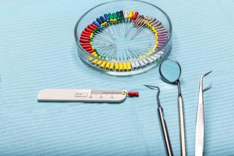 Endodontic instruments on the napkin. Top view. Stock Photos