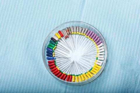 Endodontic instruments on the napkin. Top view. Stock Photos