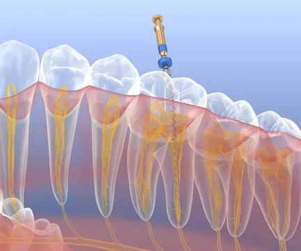 Endodontic root canal treatment process. Medically accurate Illustrazione stock