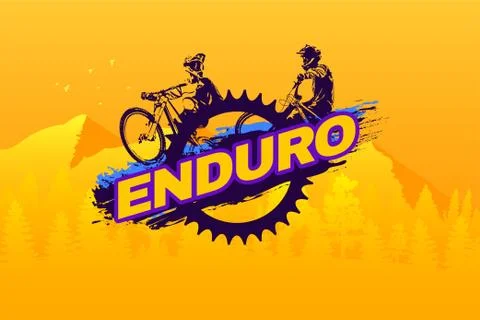 Enduro mountain biking logo template. Typography design with riders and bicycle Illustrazione stock