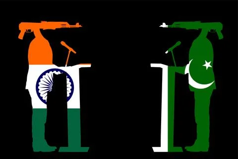 Enemy army negotiation India flag politician against Pakistan flag Illustrazione stock