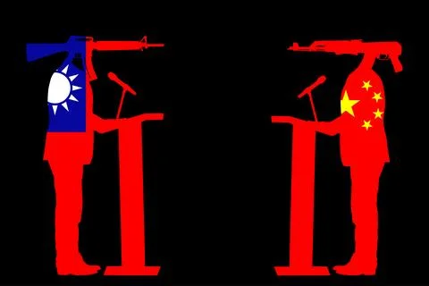 Enemy army negotiation Taiwan flag politician against China flag Illustrazione stock
