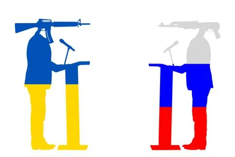 Enemy army negotiation Ukraine flag politician against Russia flag Illustrazione stock
