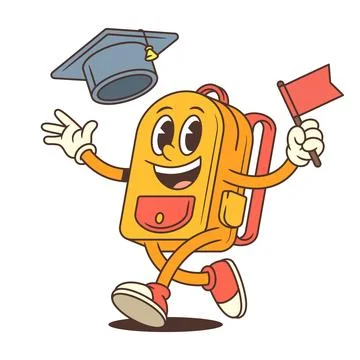 Energetic backpack mascot jumps with one leg up, holding a graduation cap and Illustrazione stock