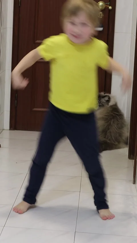 Energetic child dancing in corridor with cat Stock Footage 326769840