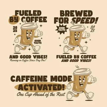 Energetic Coffee Cup Mascot Designs for Fun, Bold, and Retro-Inspired T Shi.. Stock Illustration