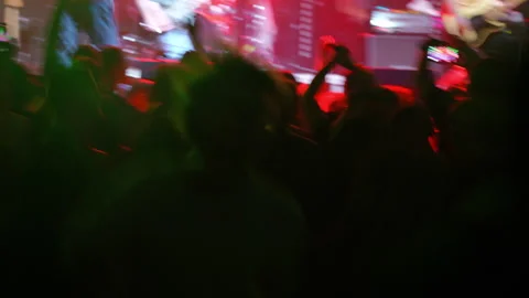 Energetic crowd dancing at a vibrant music concert with colorful lights and Stock Footage 313638756