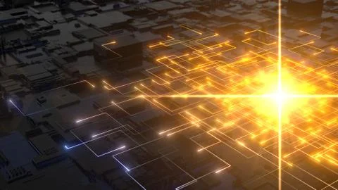 Energetic data particles outgoing from light source. 3d illustration Illustrazione stock