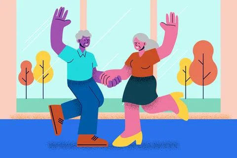 Energetic elderly couple dancing together happily indoors in corporate memp.. Stock Illustration
