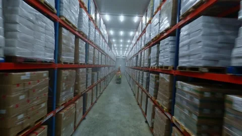 Energetic FPV movement through the aisles of a cold storage warehouse Stock Footage 293479330