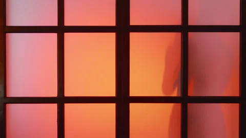 Energetic lady dances behind matt glass at colourful light flashes, slow mo,4k Stock Footage 256651657