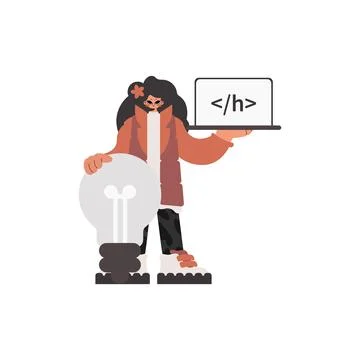 The energetic lady is holding a browser window with a programming picture, Stockillustratie